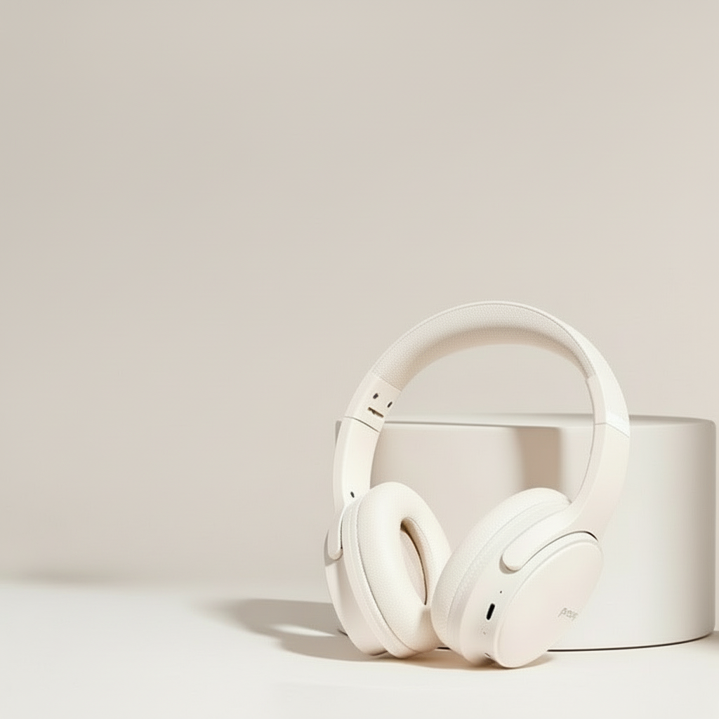 White headphones with packaging and feature list on a white background
