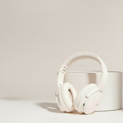 White headphones with packaging and feature list on a white background