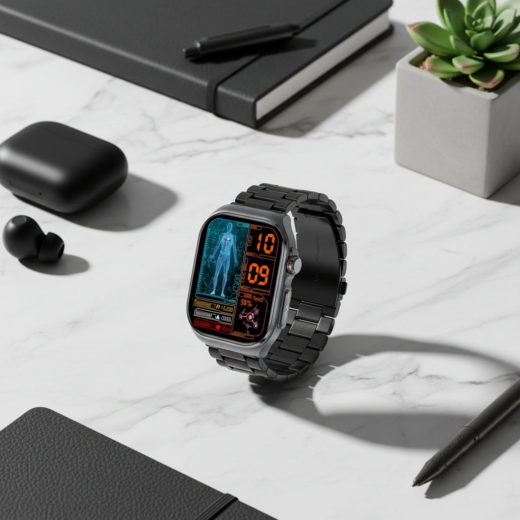 Smartwatch with a metallic band on a white background