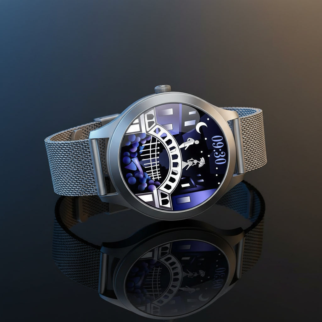 Silver smartwatch with a detailed display on a white background