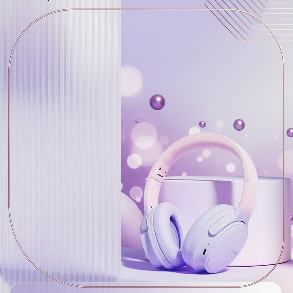 Purple headphones with packaging featuring 'Queen' branding on a light purple background.