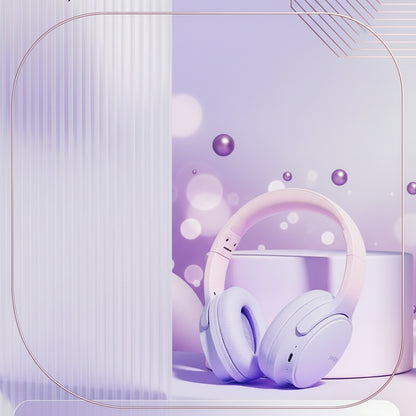 Purple headphones with packaging featuring 'Queen' branding on a light purple background.