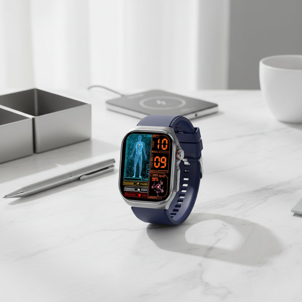 Smartwatch with a blue strap on a white background
