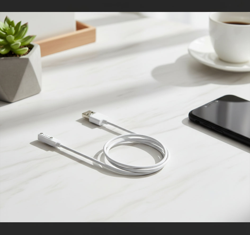 White USB cable on a light gray background