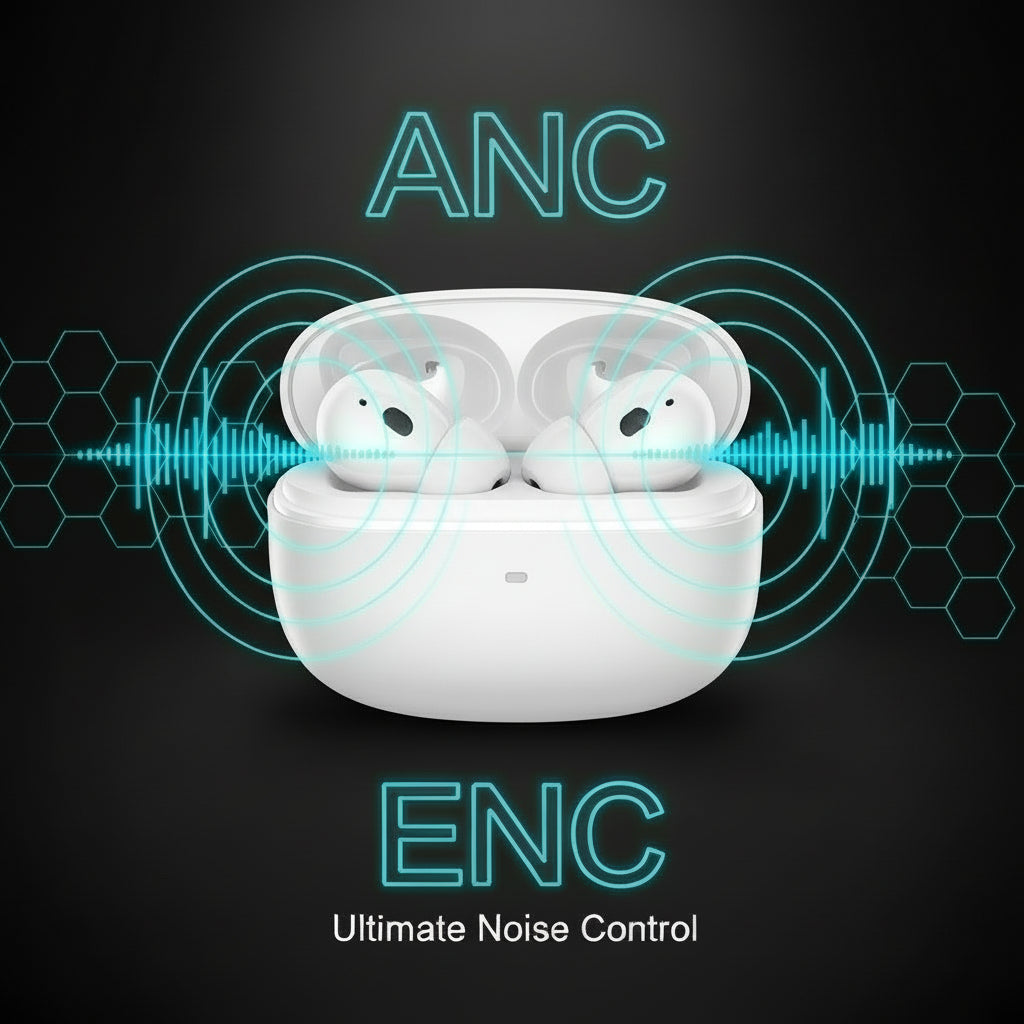 Black wireless earbuds in a charging case on a white background