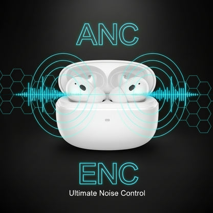 Black wireless earbuds in a charging case on a white background