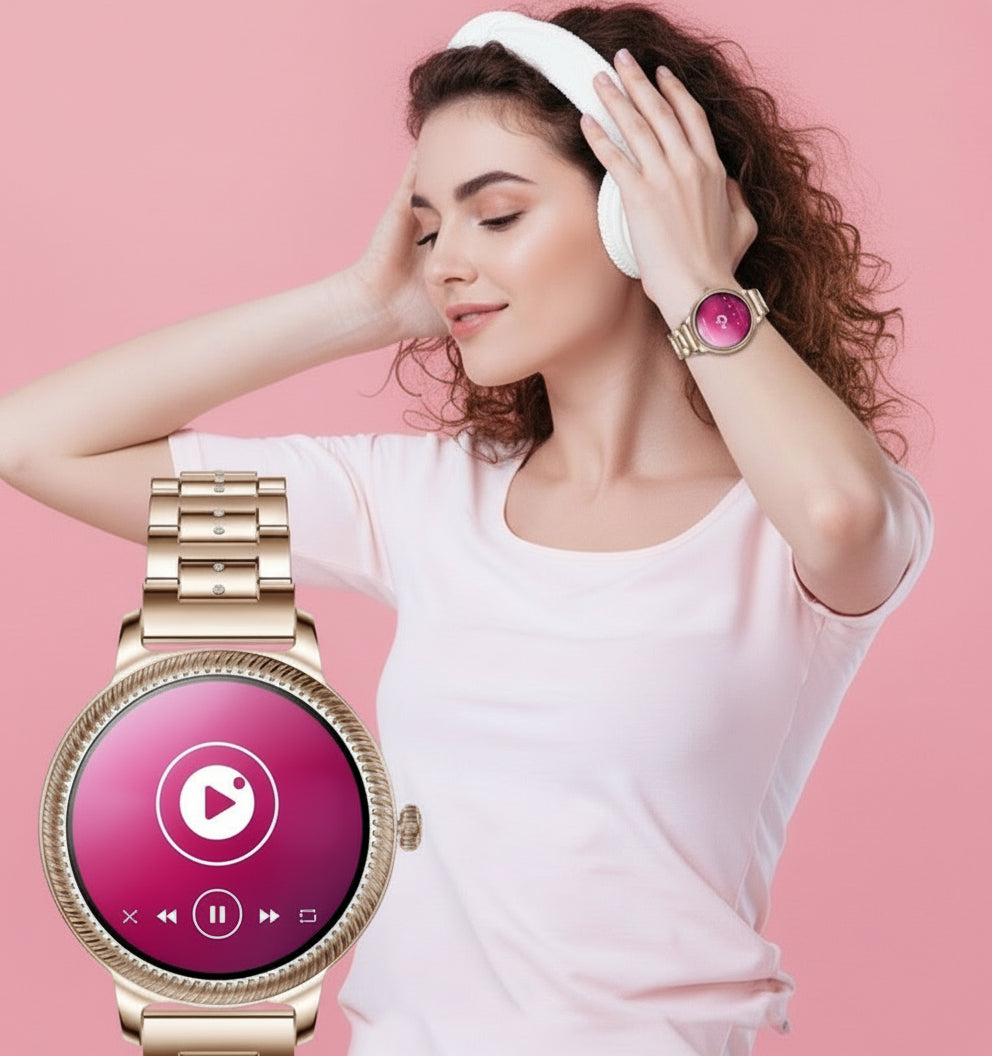 Woman wearing a smartwatch with a pink background