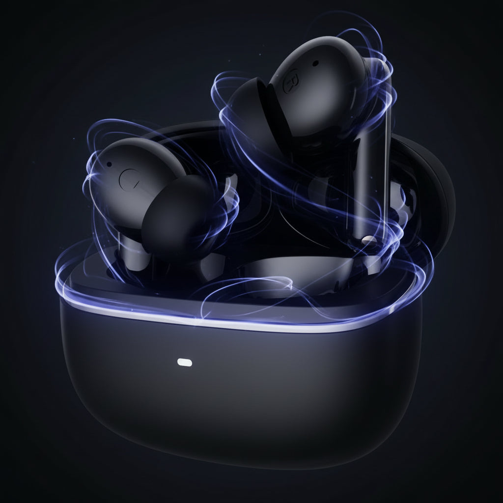 Black wireless earbuds with charging case on a white background