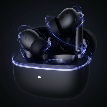 Black wireless earbuds with charging case on a white background