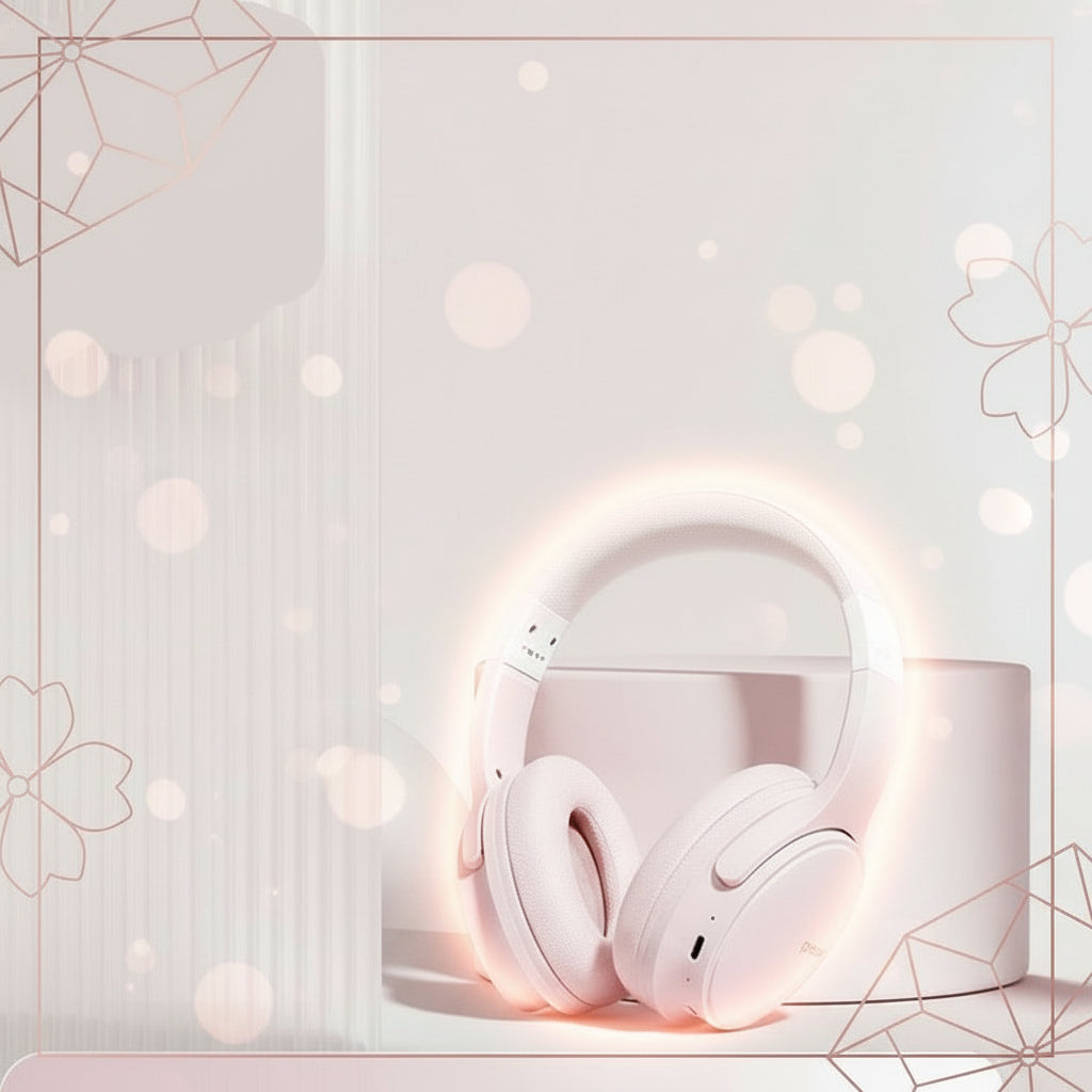 Pink wireless headphones with 'Queen Powder' branding and Picun Audio Tech-Pack certification on a light pink background.